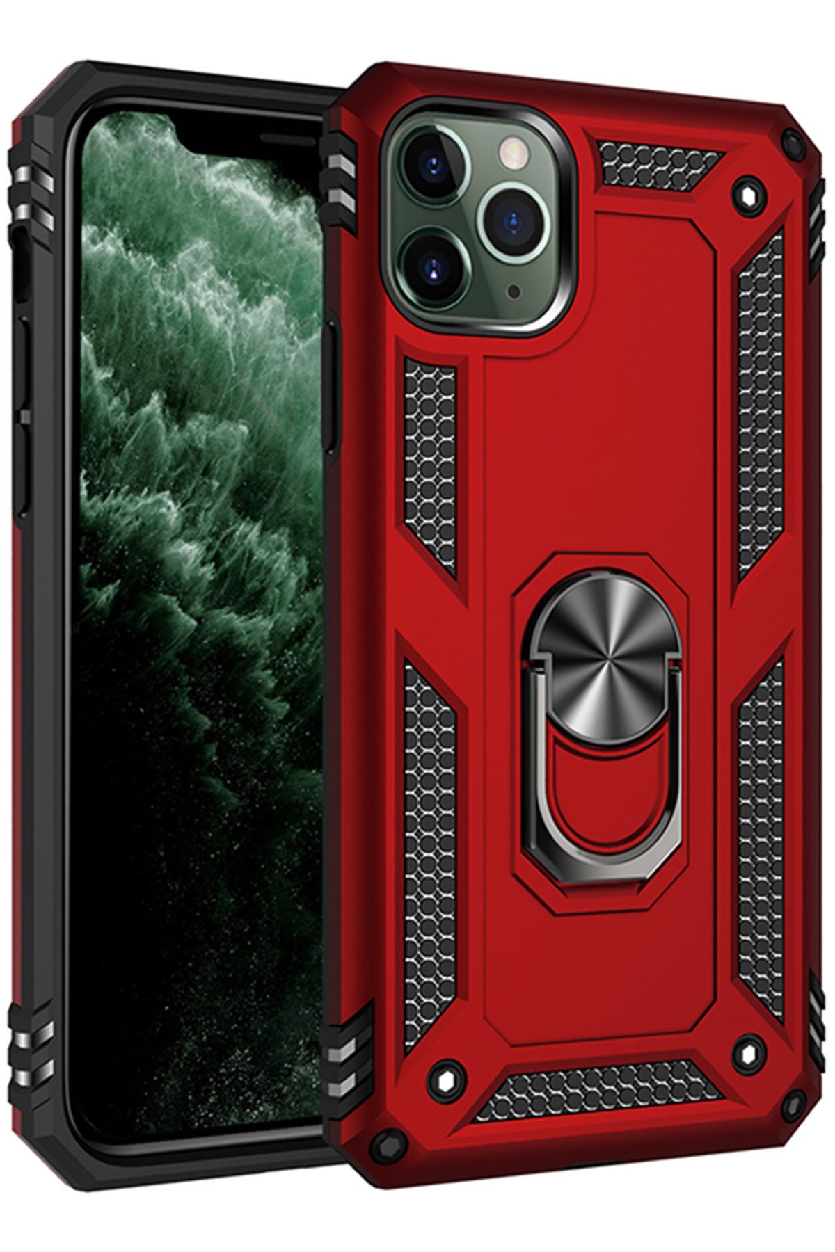  iPhone 11 Pro Max Kılıf Sofya Yüzüklü Silikon Kapak - Kırmızı