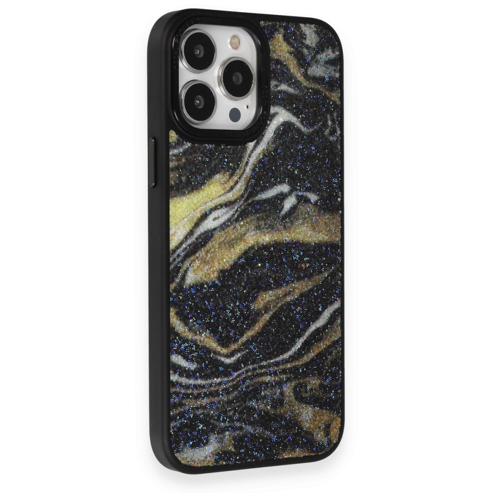  iPhone 12 Pro Max Kılıf Moda Simli Kapak - Siyah