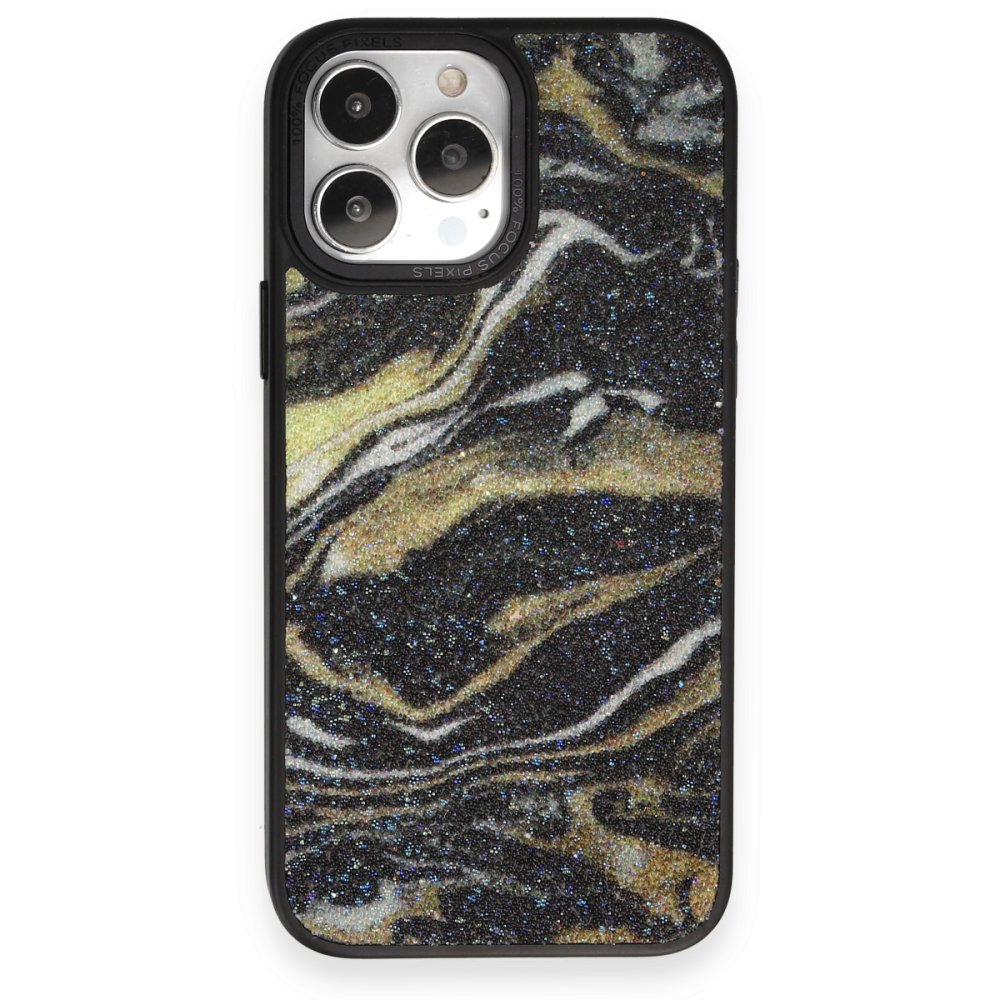  iPhone 12 Pro Max Kılıf Moda Simli Kapak - Siyah