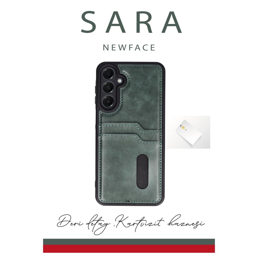  Samsung Galaxy A06 Kılıf Sara Kartvizitli Deri Kılıf - Koyu Yeşil