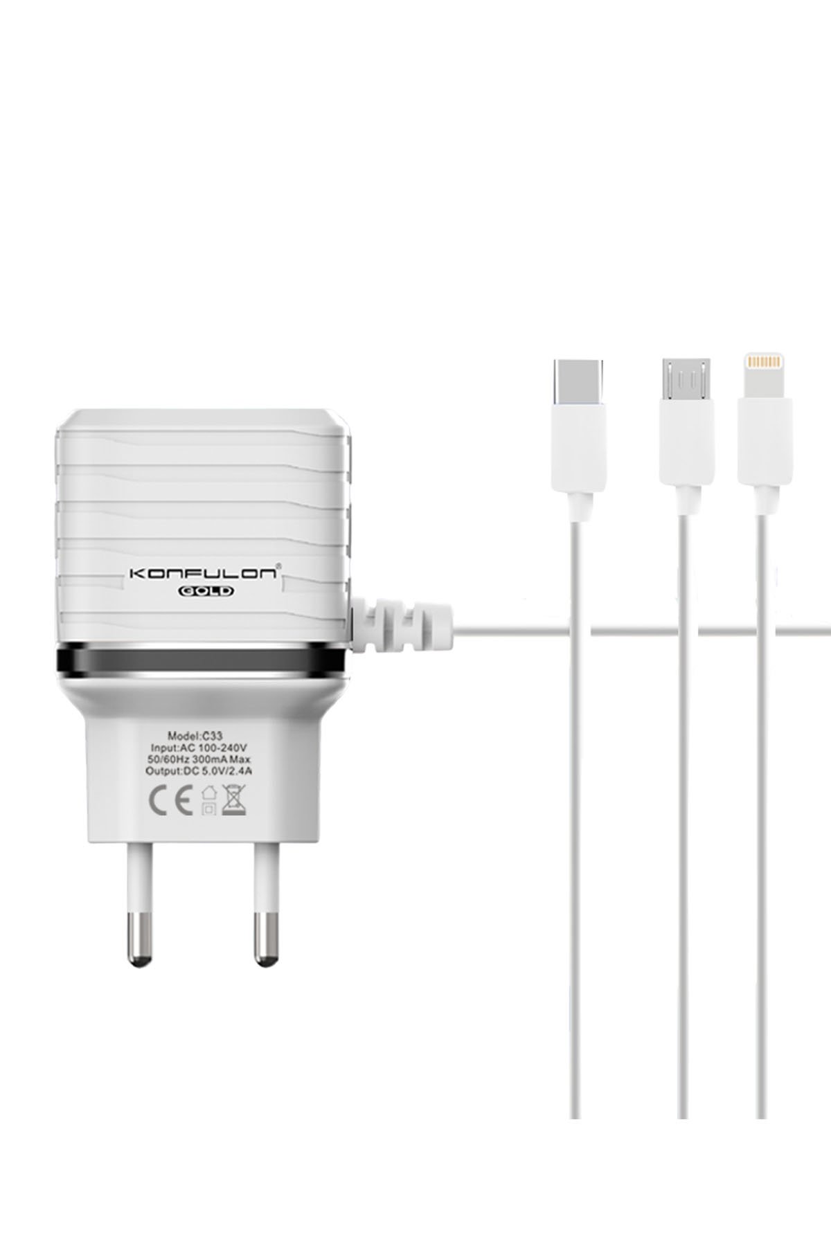 Konfulon C33 Hızlı Şarj Cihazı 3in1 (Dahili Lightning Kablo iphone Uyumlulu)