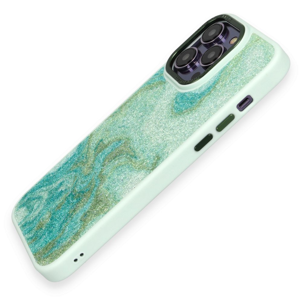 iPhone 13 Pro Max Kılıf Moda Simli Kapak - Yeşil  iPhone 13 Pro Max Kılıf Moda Simli Kapak - Yeşil