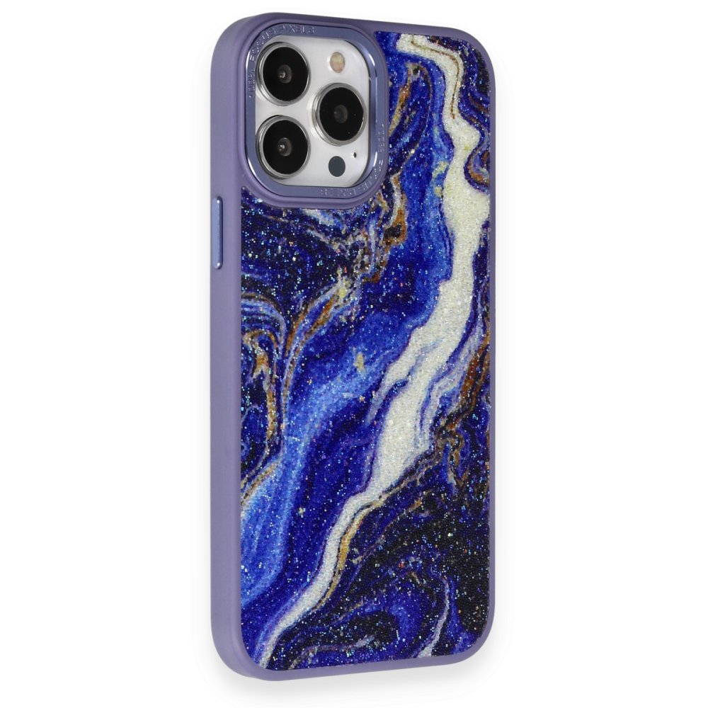  iPhone 13 Pro Kılıf Moda Simli Kapak - Mavi