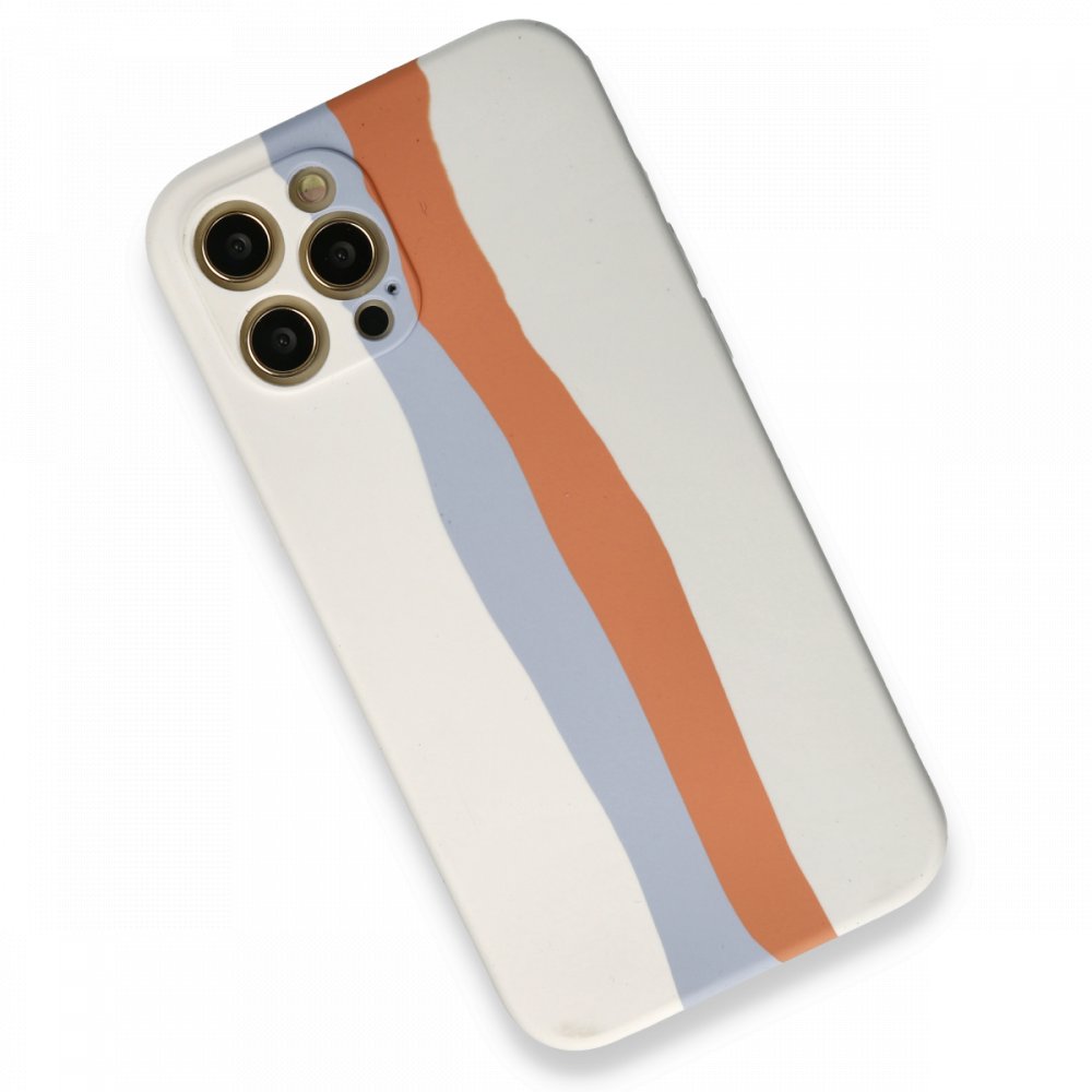  iPhone 12 Pro Max Kılıf Ebruli Lansman Silikon - Beyaz-Turuncu