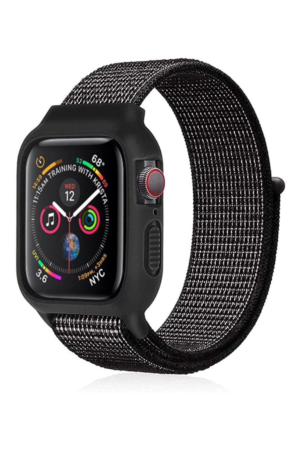  Apple Watch 40mm Hasırlı Cırtcırtlı Kasalı Kordon - Benekli Siyah