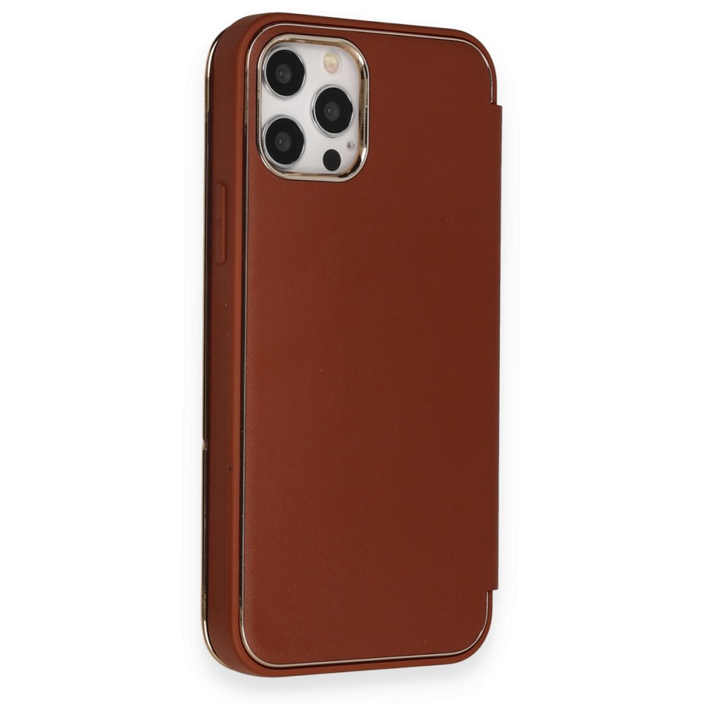  iPhone 12 Pro Kılıf Dolpin Kapaklı - Kahverengi