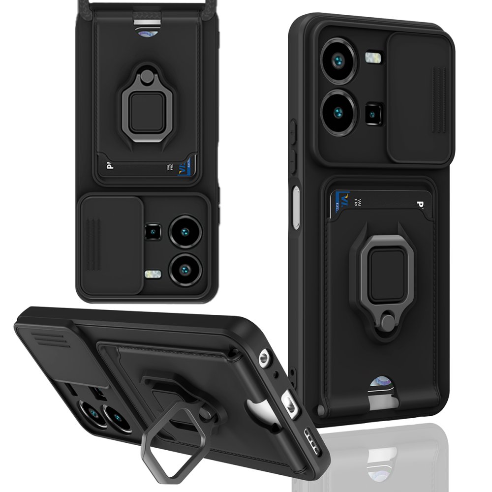  Vivo Y22S Kılıf Zuma Kartvizitli Yüzüklü Silikon - Siyah