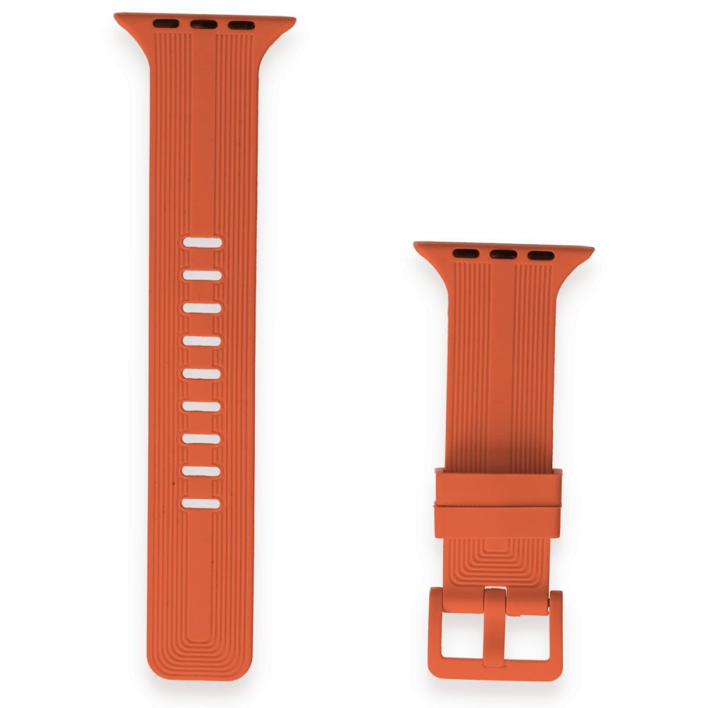 Apple Watch 44mm KR408 Çizgili Silikon Kordon - Turuncu Apple Watch 44mm KR408 Çizgili Silikon Kordon - Turuncu