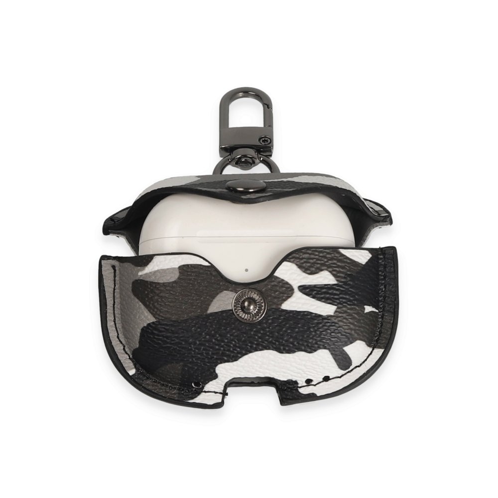  Airpods Pro (1.nesil) Çanta Kamuflaj Deri Kılıf - Gri