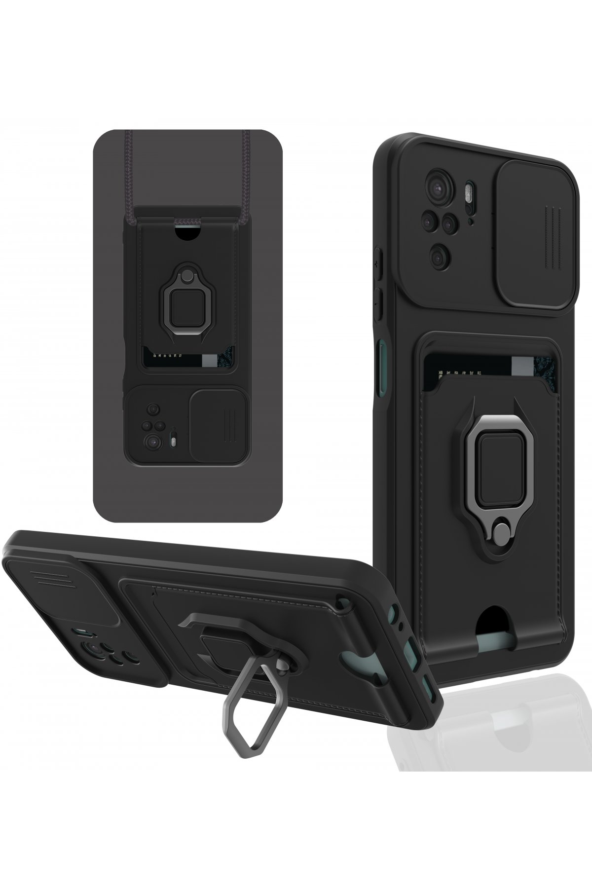  Xiaomi Poco M5s Kılıf Zuma Kartvizitli Yüzüklü Silikon - Siyah