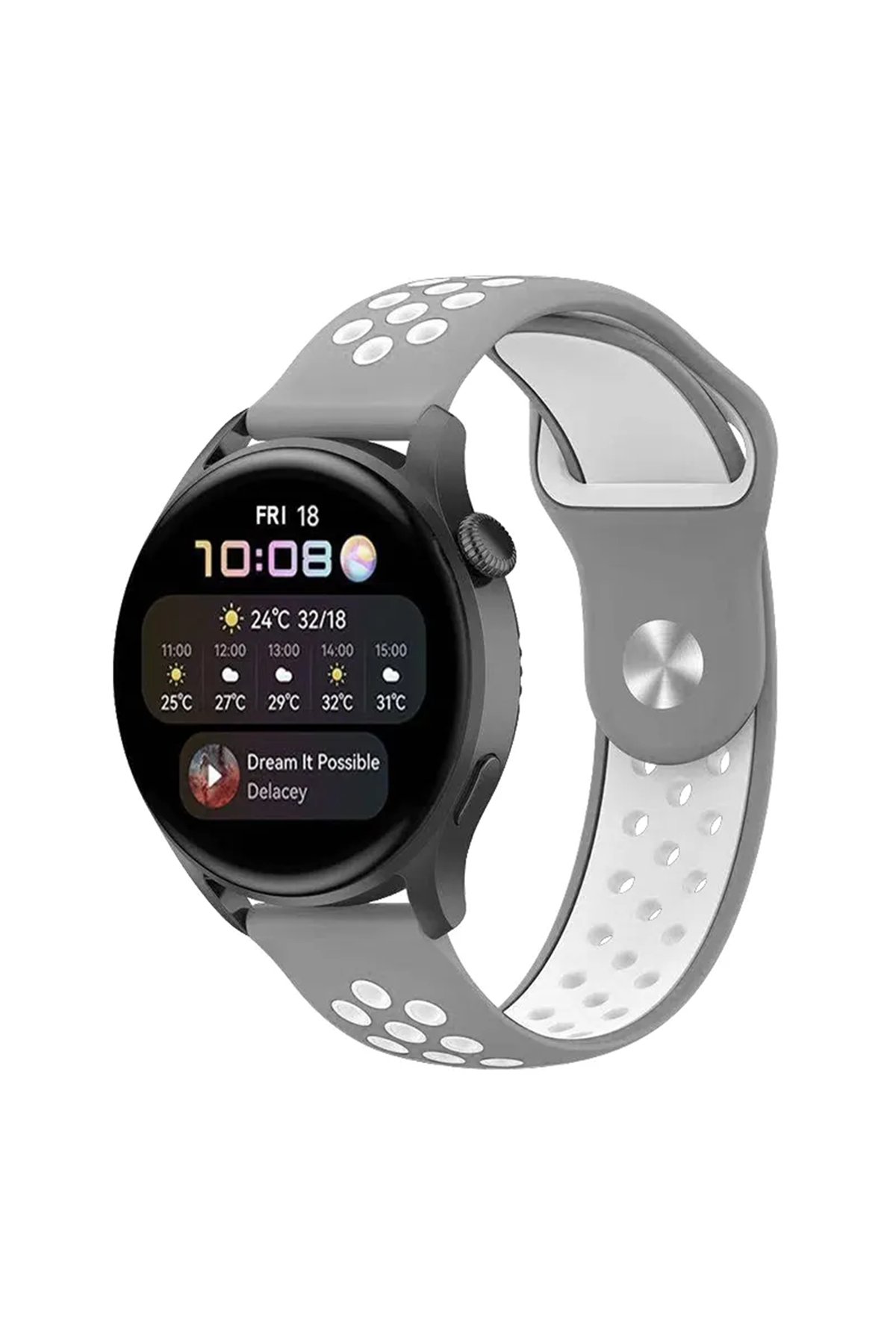  Watch 20mm Spor Delikli Kordon - Gri-Beyaz