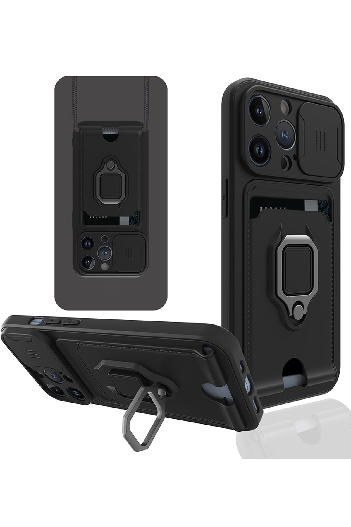  iPhone 13 Pro Kılıf Zuma Kartvizitli Yüzüklü Silikon - Siyah