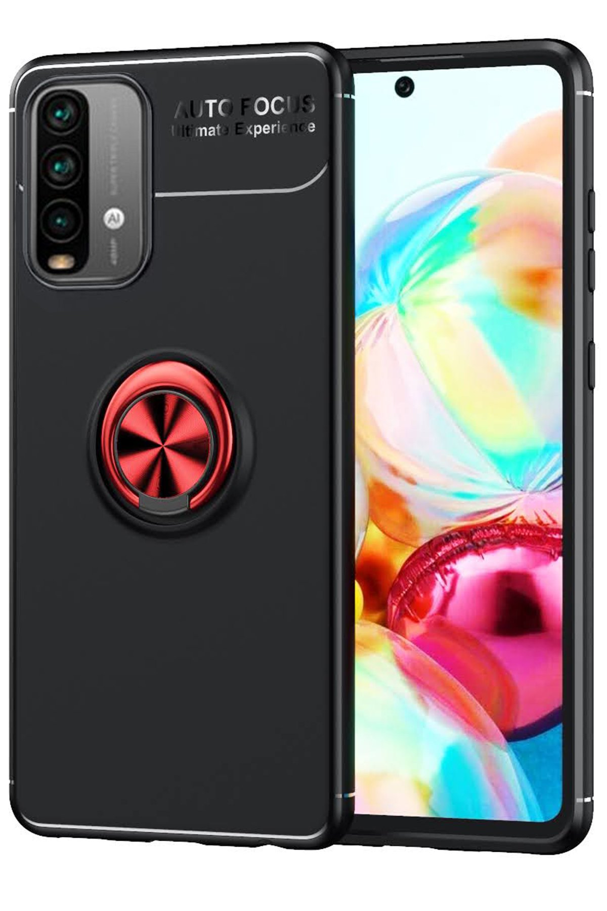 Redmi 9T Kılıf Range Yüzüklü Silikon - Siyah-Kırmızı