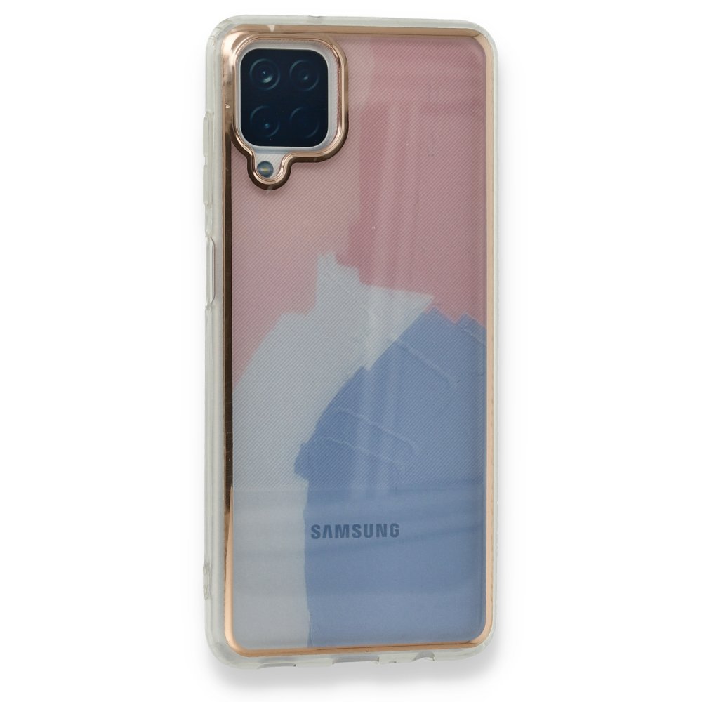  Samsung Galaxy A12 Kılıf Çiçekli Silikon - Pembe-Mavi