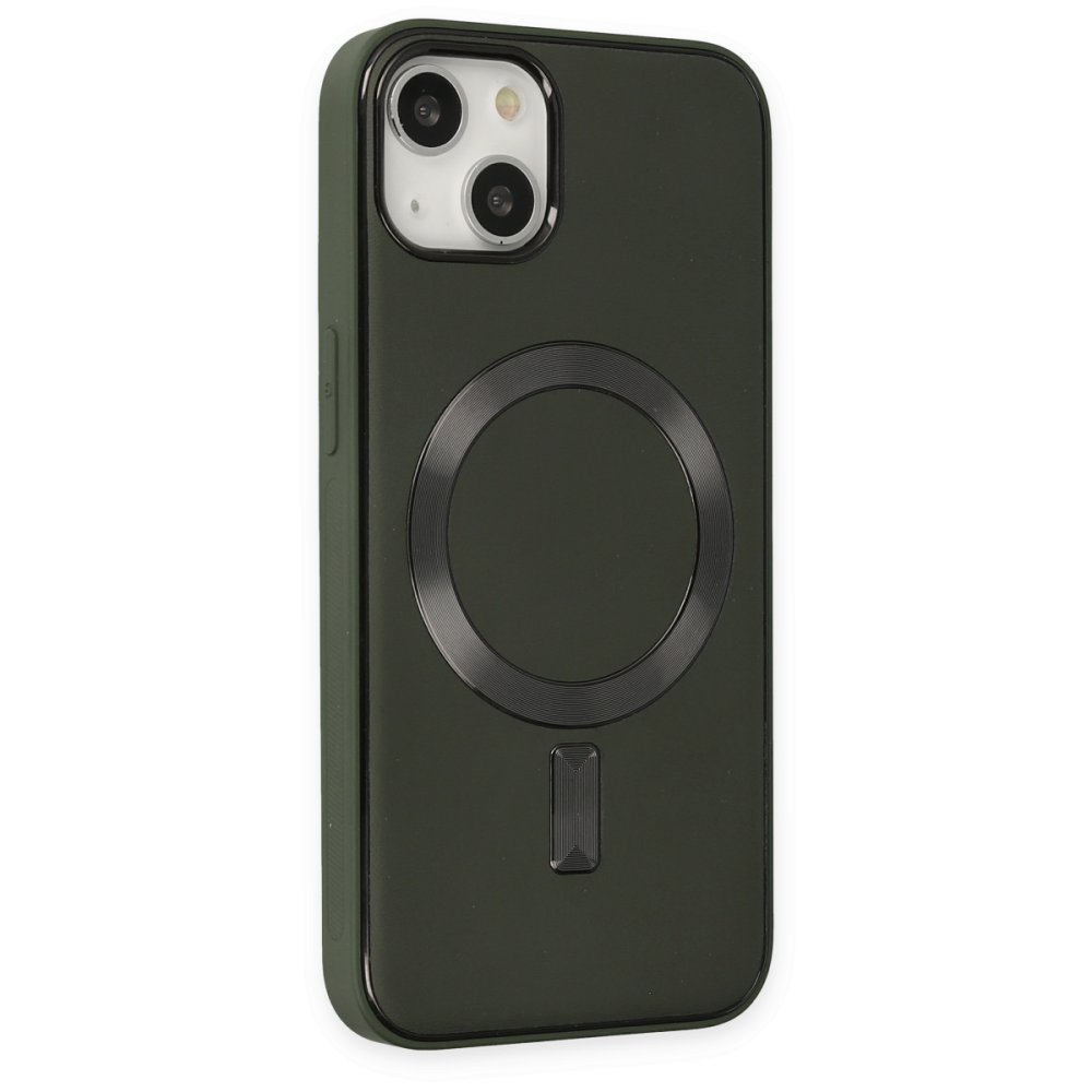  iPhone 14 Kılıf Coco Deri Magneticsafe Silikon - Haki Yeşil