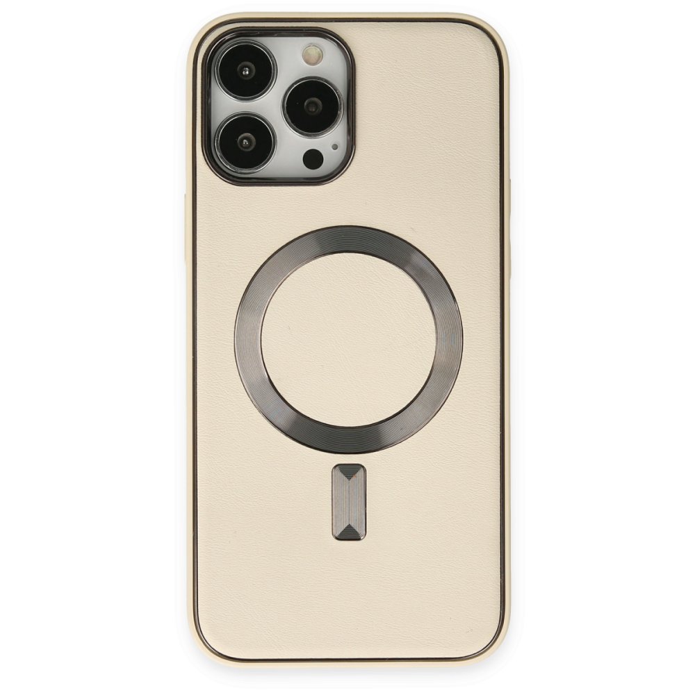  iPhone 13 Pro Max Kılıf Coco Deri Magneticsafe Silikon - Krem