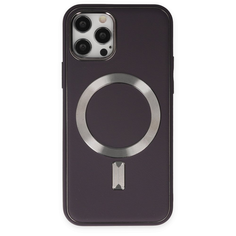  iPhone 12 Pro Max Kılıf Coco Deri Magneticsafe Silikon - Derin Mor