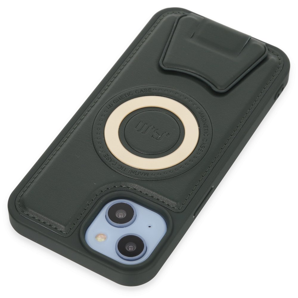  iPhone 14 Kılıf Merkür Magneticsafe Standlı Kapak - Koyu Yeşil