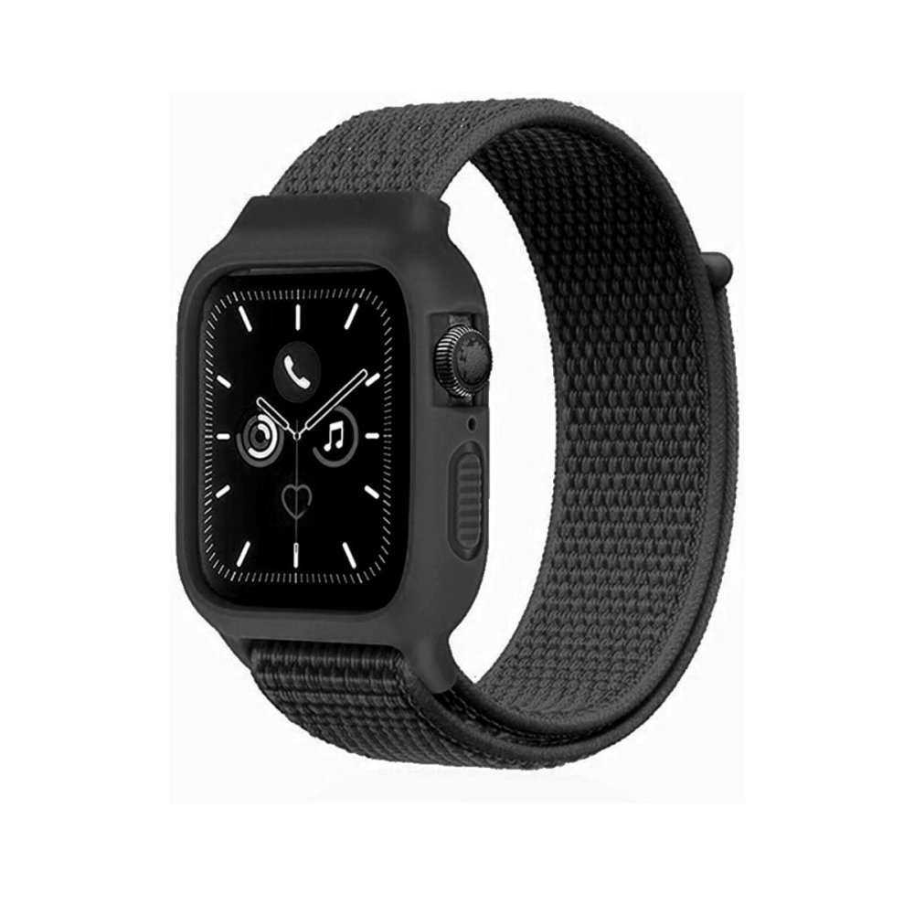  Apple Watch 40mm Hasırlı Cırtcırtlı Kasalı Kordon - Siyah