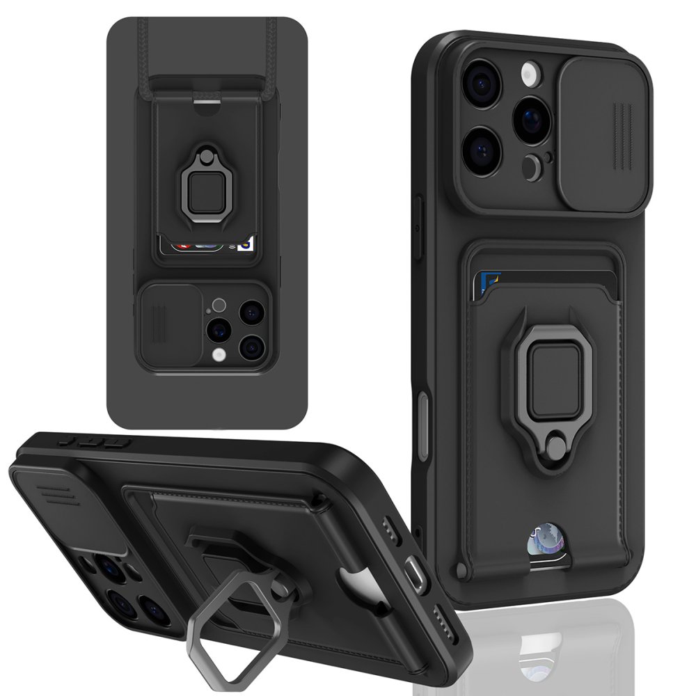  iPhone 16 Pro Max Kılıf Zuma Kartvizitli Yüzüklü Silikon - Siyah