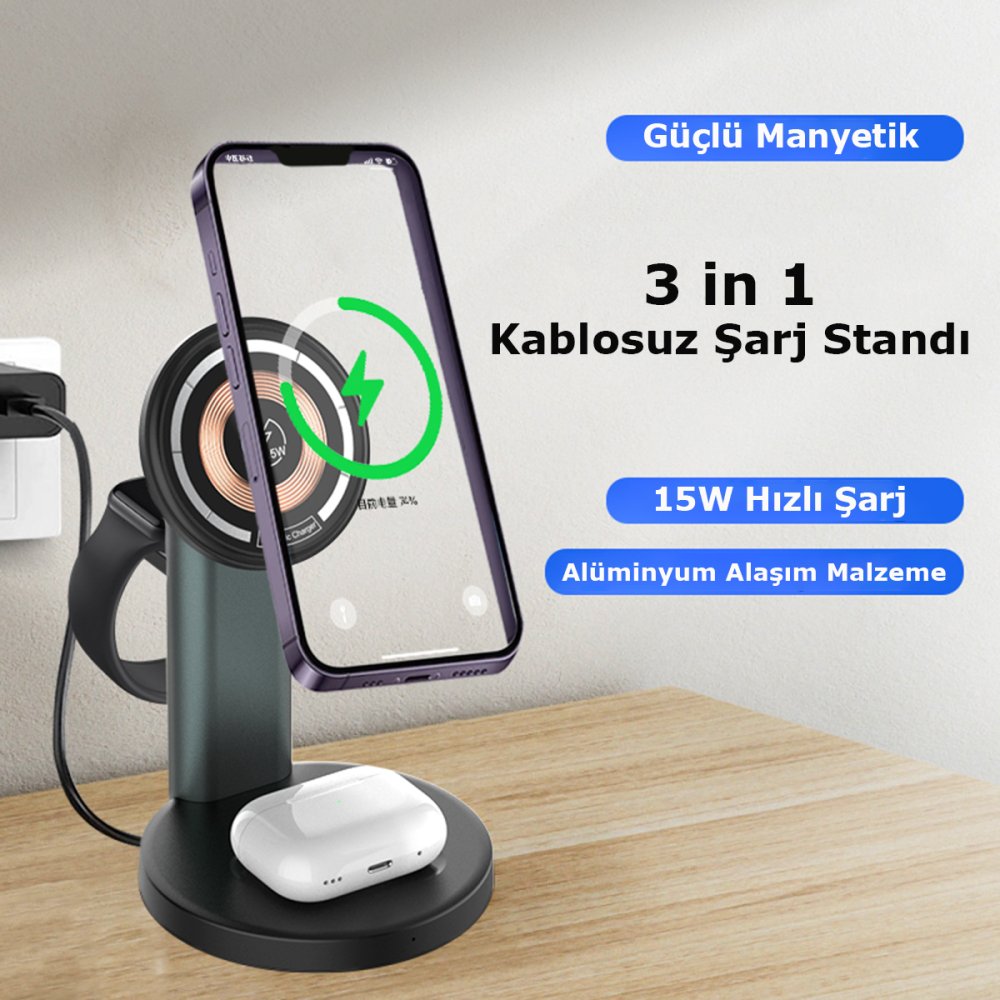  S36-A 3in1 Kablosuz Şarj Masaüstü Set - Siyah
