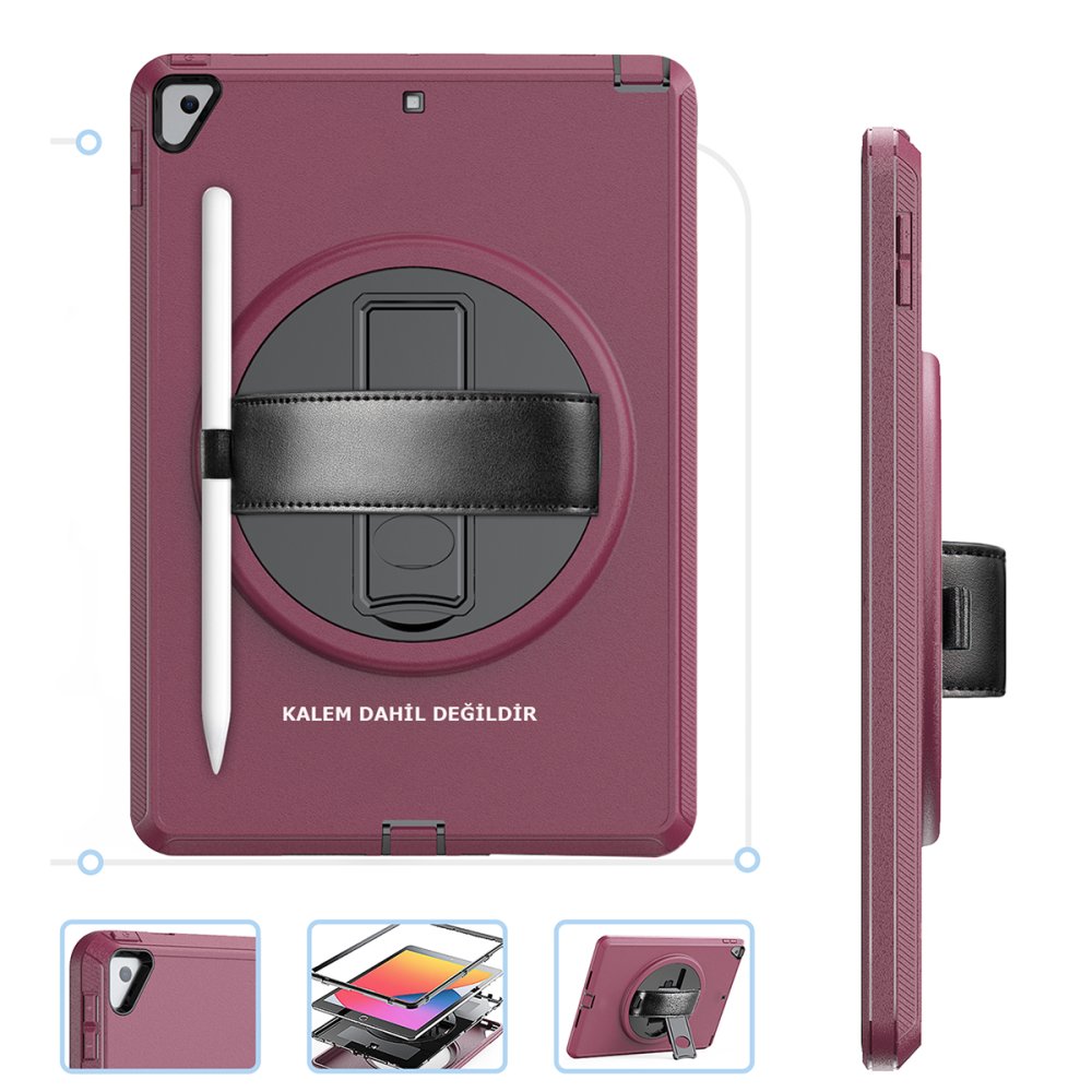  iPad 10.2 (7.nesil) Kılıf Hand Strap Tablet Kılıfı - Mürdüm