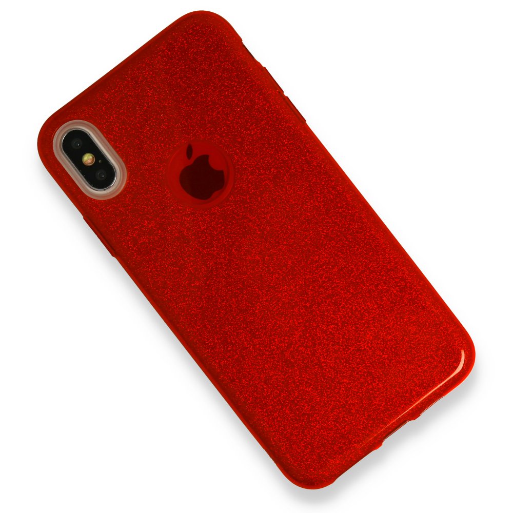  iPhone XS Max Kılıf Simli Katmanlı Silikon - Kırmızı