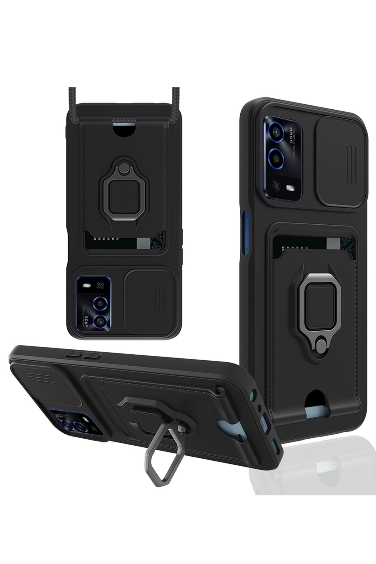  Oppo A55 Kılıf Zuma Kartvizitli Yüzüklü Silikon - Siyah