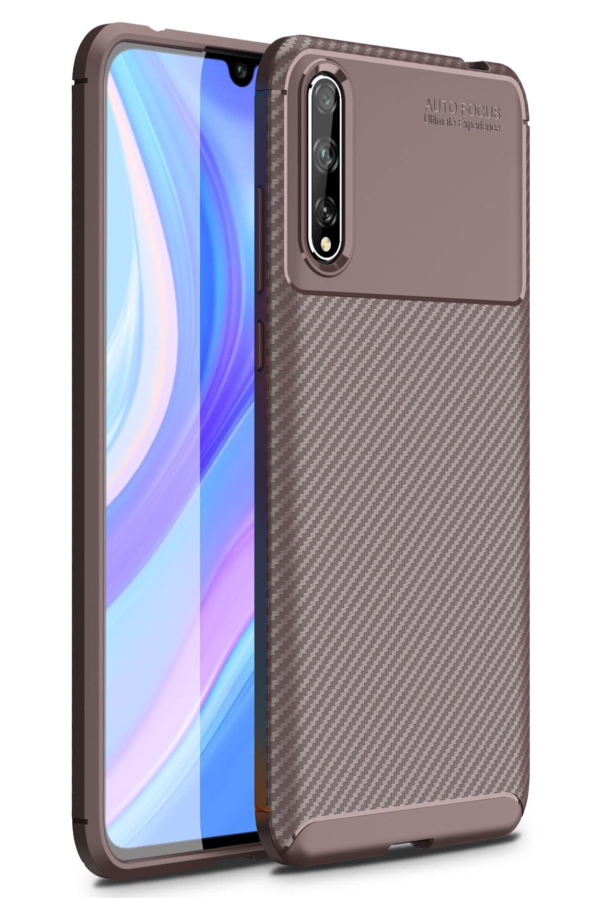 Huawei P Smart S Kılıf Auto Focus Karbon Kapak - Kahverengi Huawei P Smart S Kılıf Auto Focus Karbon Kapak - Kahverengi