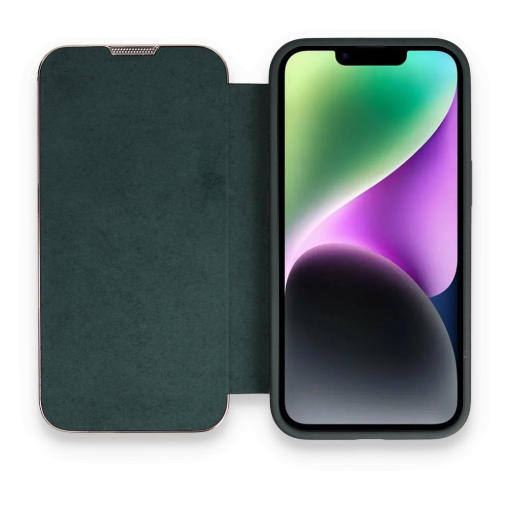  iPhone 14 Kılıf Dolpin Kapaklı - Koyu Yeşil