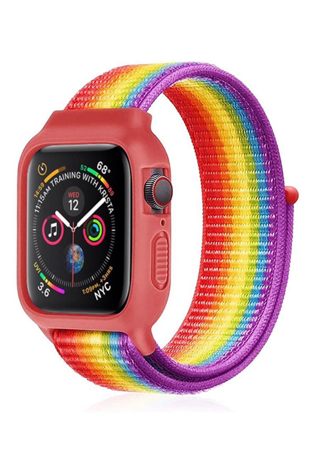  Apple Watch 44mm Hasırlı Cırtcırtlı Kasalı Kordon - Gökkuşağı