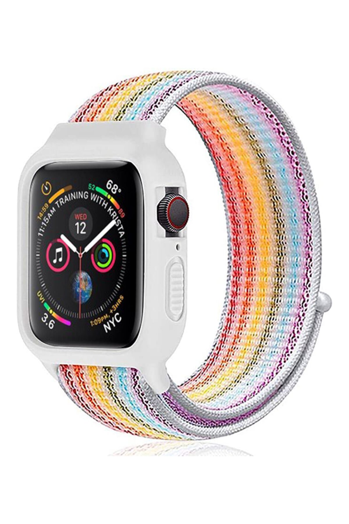 Apple Watch 44mm Hasırlı Cırtcırtlı Kasalı Kordon - Gökkuşağı 1 Apple Watch 44mm Hasırlı Cırtcırtlı Kasalı Kordon - Gökkuşağı 1