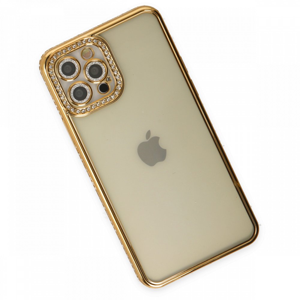 iPhone 12 Pro Kılıf Joke Taşlı Silikon - Gold iPhone 12 Pro Kılıf Joke Taşlı Silikon - Gold