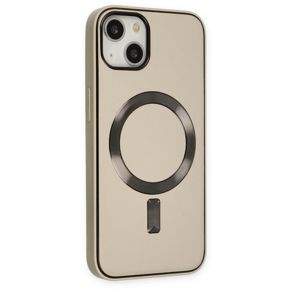  iPhone 14 Kılıf Coco Deri Magneticsafe Silikon - Krem