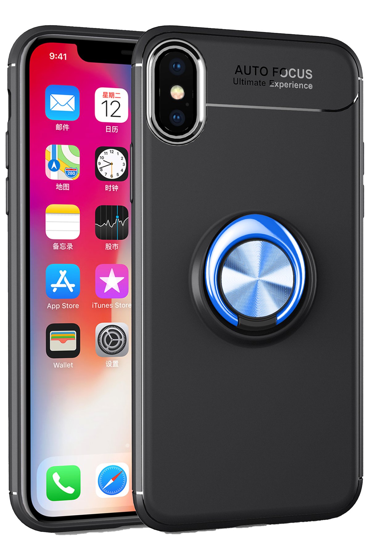 iPhone XS Kılıf Range Yüzüklü Silikon - Siyah-Mavi iPhone XS Kılıf Range Yüzüklü Silikon - Siyah-Mavi