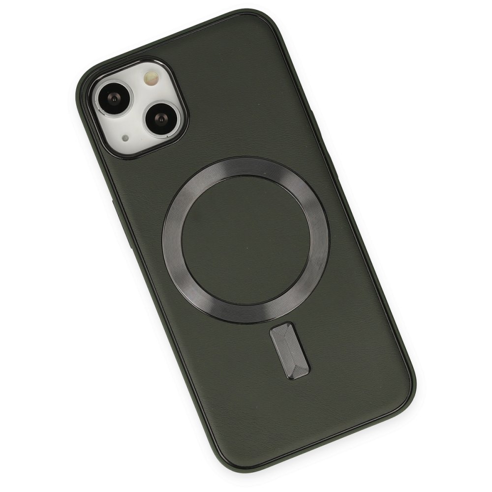  iPhone 14 Kılıf Coco Deri Magneticsafe Silikon - Haki Yeşil